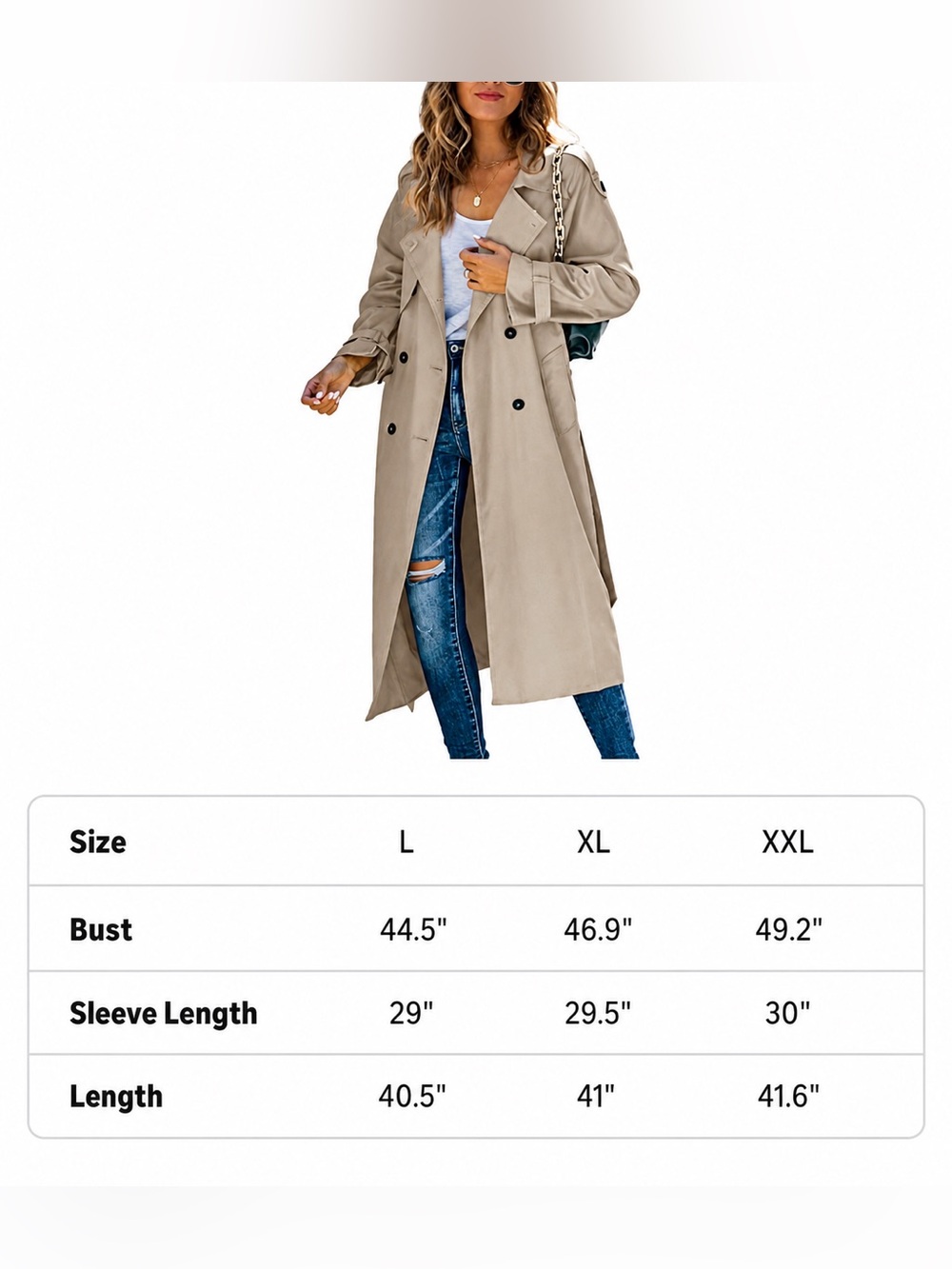 Classic Women's Double Breasted Long Trench Coat Khaki Slim Fit - Picture 7 of 7